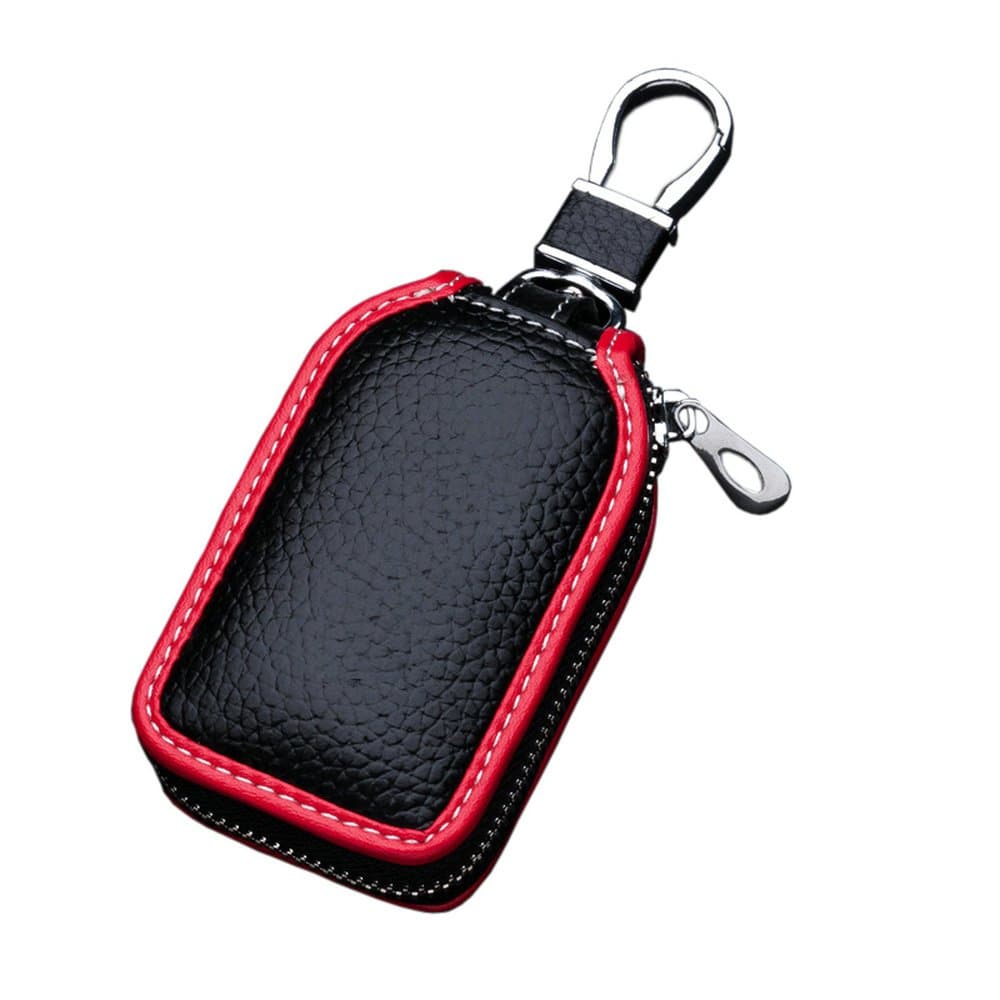 Car Key case Key Bag Wallet - Superior Genuine Leather Auto Car Key FOB Holder Protector Cover Smart Key Chain with Metal Hook and Zipper Closure Universal (Black+Red)