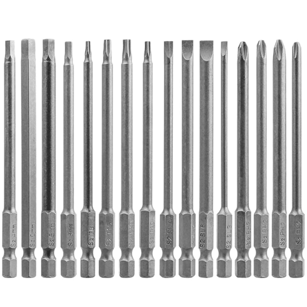 Wolfride 16pcs Long Magnetic Screwdriver Bits Set Slotted+Cross+Torx+Hex Drill Bit Set 1/4 Inch Hex Shank 100mm Length