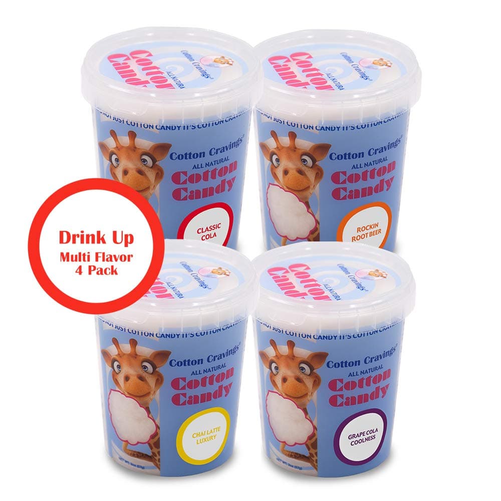 Cotton Candy - All Natural Candy Floss (4 Pack - Classic Cola, Root Beer, Chai Latte, Grape Cola) Premade Gourmet Flavors - Drink Up