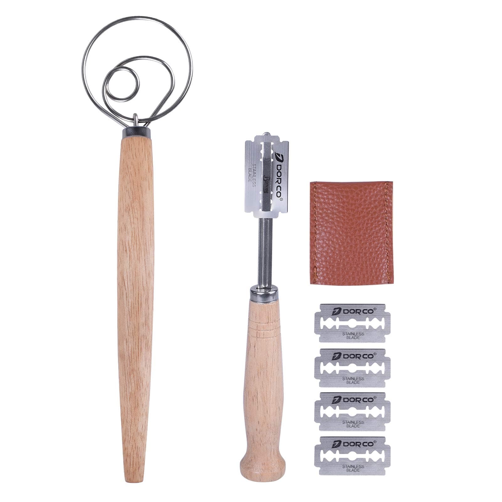 Bread Scoring Lame & Danish Dough Whisk Mixer Hand Blender Admixer | Premium Dough Scoring Tool 5 Replaceable Blades Leather Protective Cover for Professional & Homemade Baking Tool by Bonviee