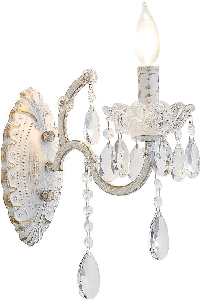YLONG-ZS 1-Light Crystal Wall Light Crystal Wall Sconce Bohemian White Finish Modern K9 Glass Crystal Drops Wall Lamp for Bathroom Bedroom Living Room Lighting E12 Not Included