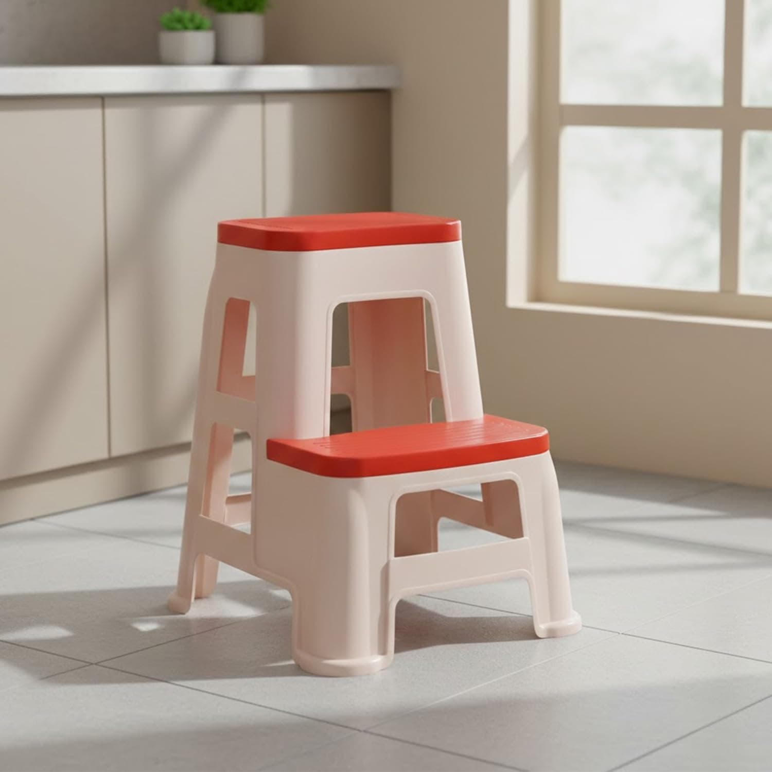 STL31 Strong and Durable Plastic Seating Stool for Home | Bedroom | Bathroom | Kitchen | Living Room | Office | Adult Stool with high Load Capacity (Basket Beach/Coral Red)