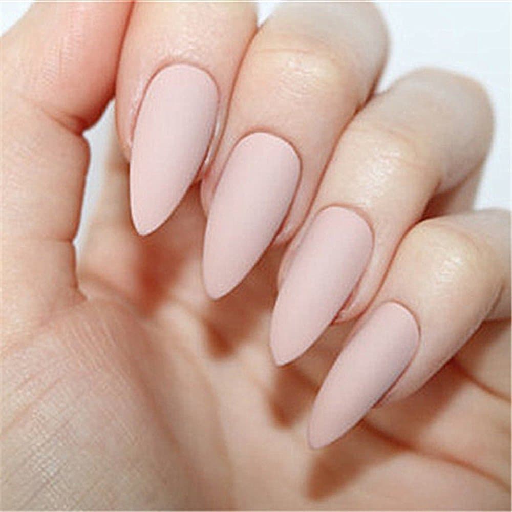 BloomingBoom 24 Pcs 12 Size Stiletto Pointed False Nail Matte Full Cover Fake Nail Press on Salon Pre Design Women Claw Mountain Peak Mist Creamy White Pink