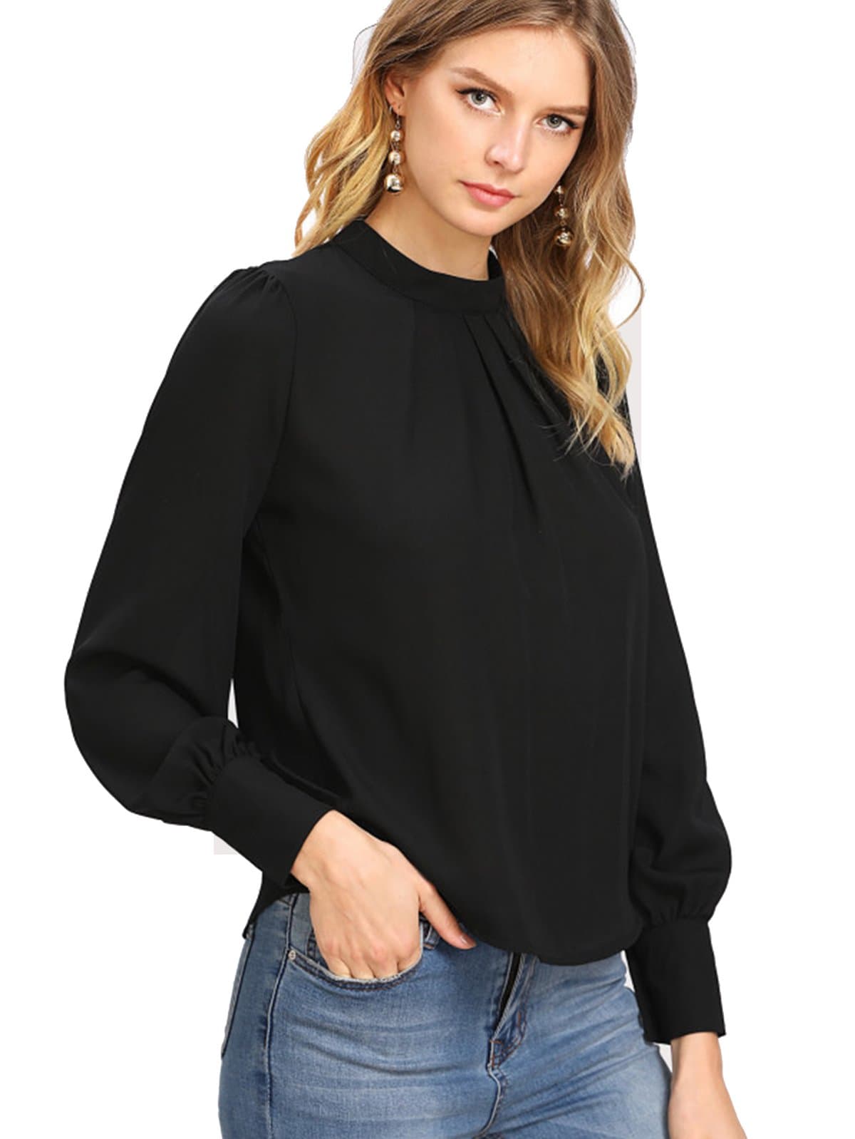 Quceyu Womens Chiffon Blouse Long Sleeve Stand Collar Elegant Work Shirts Blouses Tops