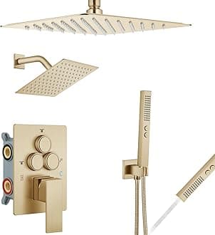 Aolemi Shower Faucet Set Ceiling Mount Shower System Rough-in Valve and Shower Trim Kit 10 and 6 Inch Dual Shower Head 2 in 1 Handheld Spray Push Button Diverter Brushed Gold