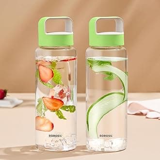 Borosil 750ml Crysto Bottle Set with Lid | Borosilicate Glass Wide Mouth Bottle for Fridge | Extreme Temperature Resistant For Hot & Cold Water, Milk, Lassi, Juice (Pack of 2, Green Husk Lid)