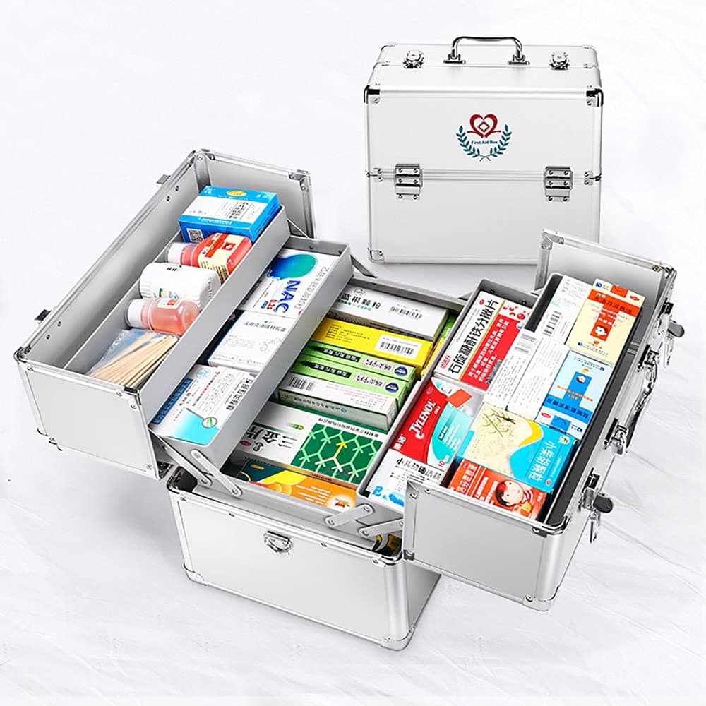 JJONE Medicine Storage Box with Portable Handle, Lockable First Aid Kit, First Aid Box Security Lock, 3 Tier Medication Lock Box Design/Precription (B-Silver)