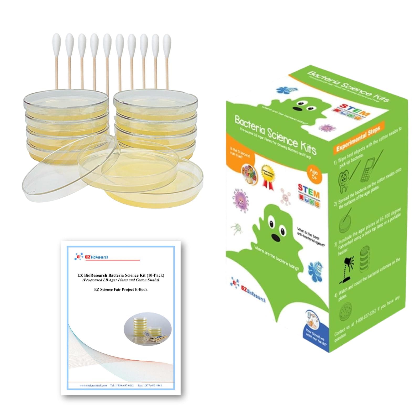 EZ BioResearch Bacteria Science Kit (IV) (Gift Pack): Prepoured LB-Agar Plates And Cotton Swabs. Exclusive Free Science Fair Project E-Book Packed With Award Winning Experiments. (IV Gift Pack)
