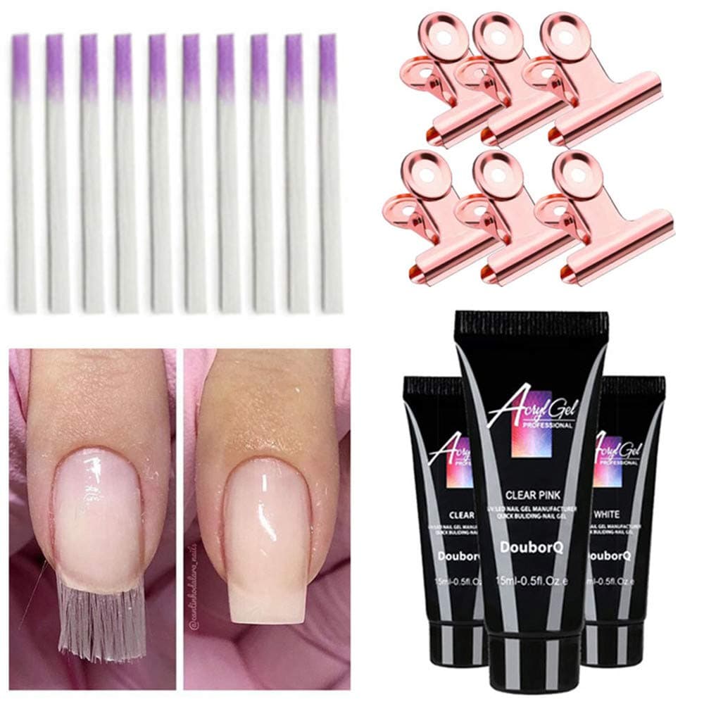 DouborQ Poly Nail Extension Gel Set,3PCS 15ml Poly Nail Gel +10PCS Fiberglass+6PCS Nail Form Clip, Professional Starter Polygel Kit Nail Extension Builder Set Nail Art Tools