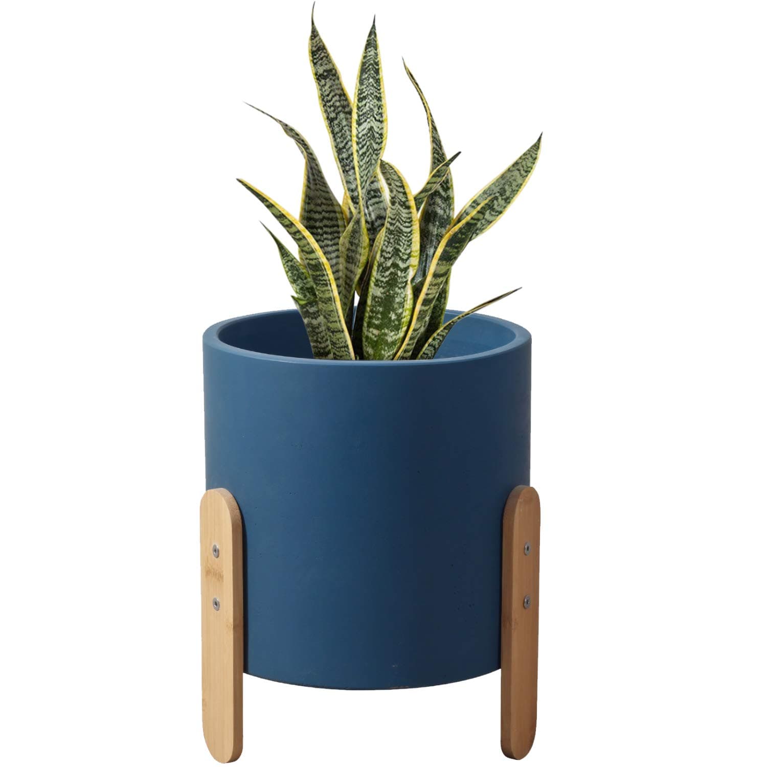 Modern Decorative Planter with Wood Stand, Unbreakable Concrete, 7 Inch with Drainage (Blue)