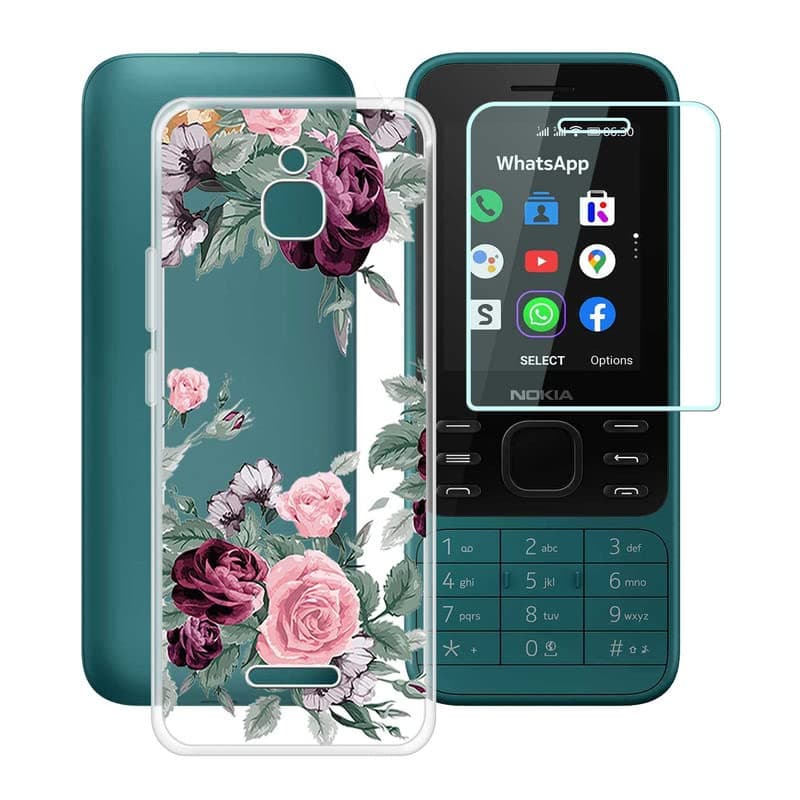 Case for Nokia 6300 4G (2.4") with 1 X Tempered Glass Screen Protector, Slim Clear TPU Bumper Shell, Soft Silicone Shockproof X Anti-Yellow Phone Cover for Nokia 6300 4G - Safflower