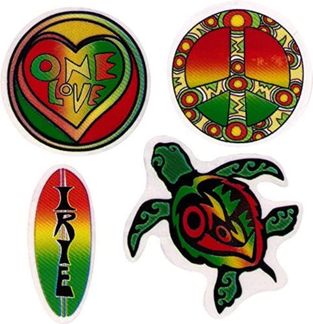 One Love Reggae Rasta Designs Heart Turtle Irie Surf Board Peace Translucent Two Sided Car Window Laptop Water Bottle Decals Four 2.5 Inch Stickers