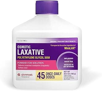 - Glenmark Therapeutics Polyethylene Glycol 3350 Powder, Osmotic Laxative, 45 Daily Doses, Softens Stool, Relieves Occasional Constipation, Powder for Solution, 26.9 Ounce