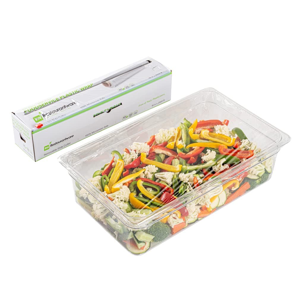 Restaurantware RW Base 18 Inch x 2000 Feet Cling Wrap 1 Roll Microwavable Cling Film - With Removable Slide-Cutter Clear Plastic Food Wrapping Film Securely Seal And Keep Food Fresh