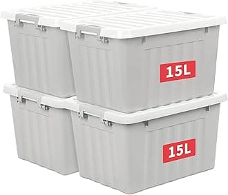 Cetomo 15L*4 Gray Plastic Storage box Tote Organizing Container with Durable Lid and Secure Latching Buckles, Stackable and Nestable, 4Pack, with Buckle