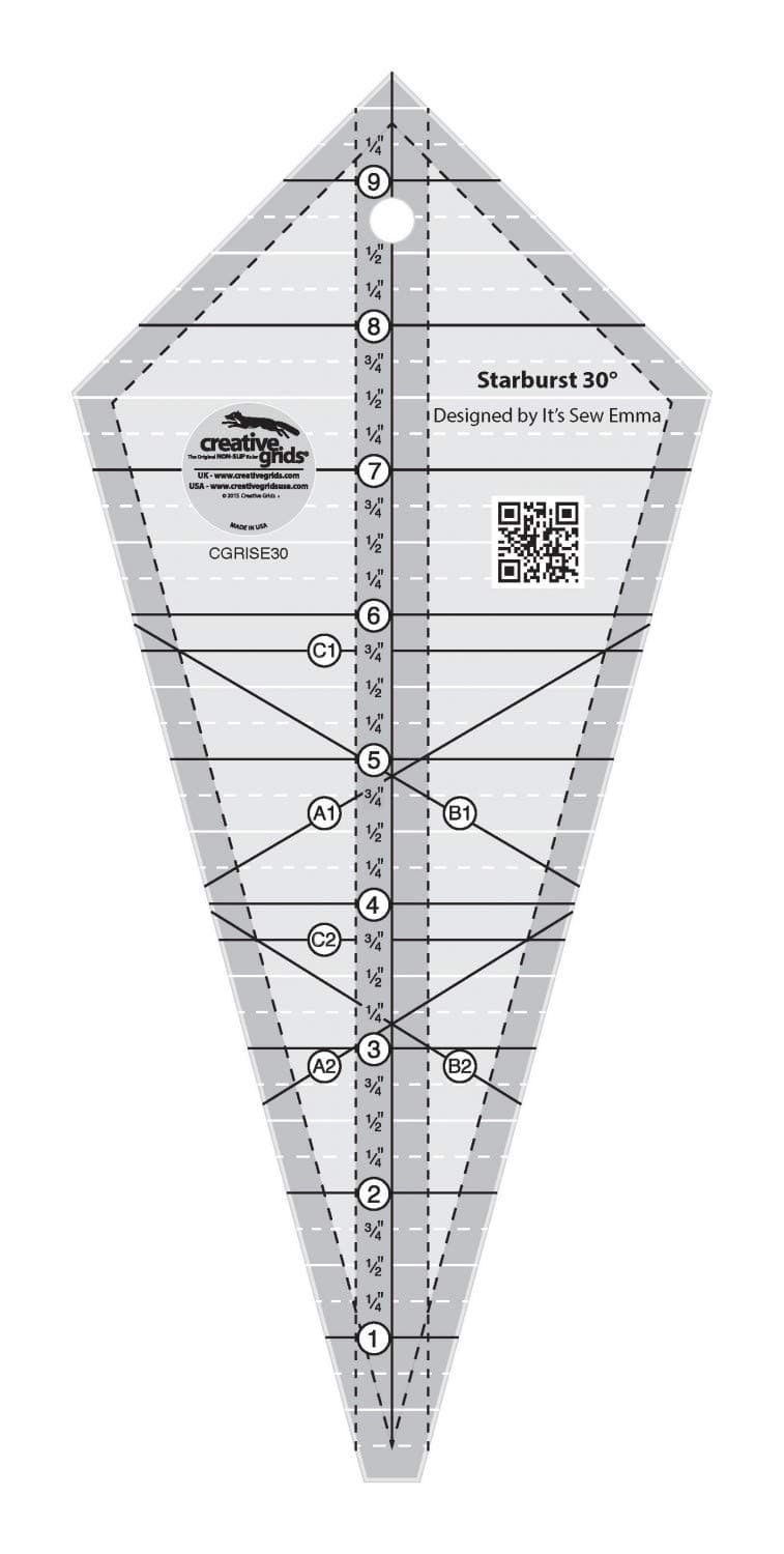 Starburst 30 Degree Triangle Quilt 9-1/2in Ruler – CGRISE30 – Made in USA, 4-1/2in x 9-3/4in, Non-Slip Grip Acrylic Quilting, Sewing, Crafting, Patchwork Ruler & Template