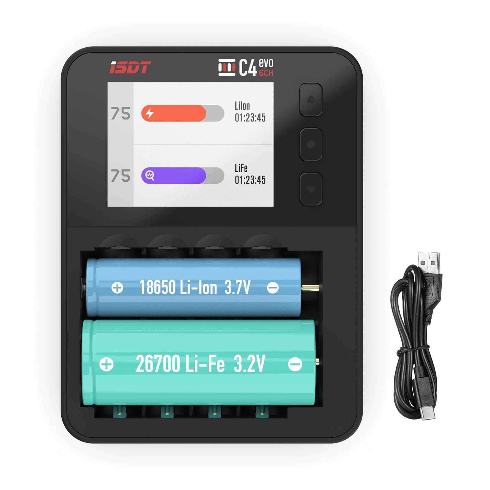C4 EVO Smart AA AAA Rechargeable Battery Charger with Type-C QC3.0 Output for Li-ion Ni-MH Batteries with Display Screen Fire Preventionn Material