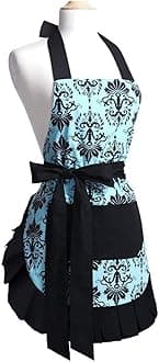 G2PLUS Cotton Vintage Damask Apron for Women, Adjustable Neck & Big Pocket, Blue & Black Cute Ruffle Kitchen & Baking Apron for Christmas Holiday Gift