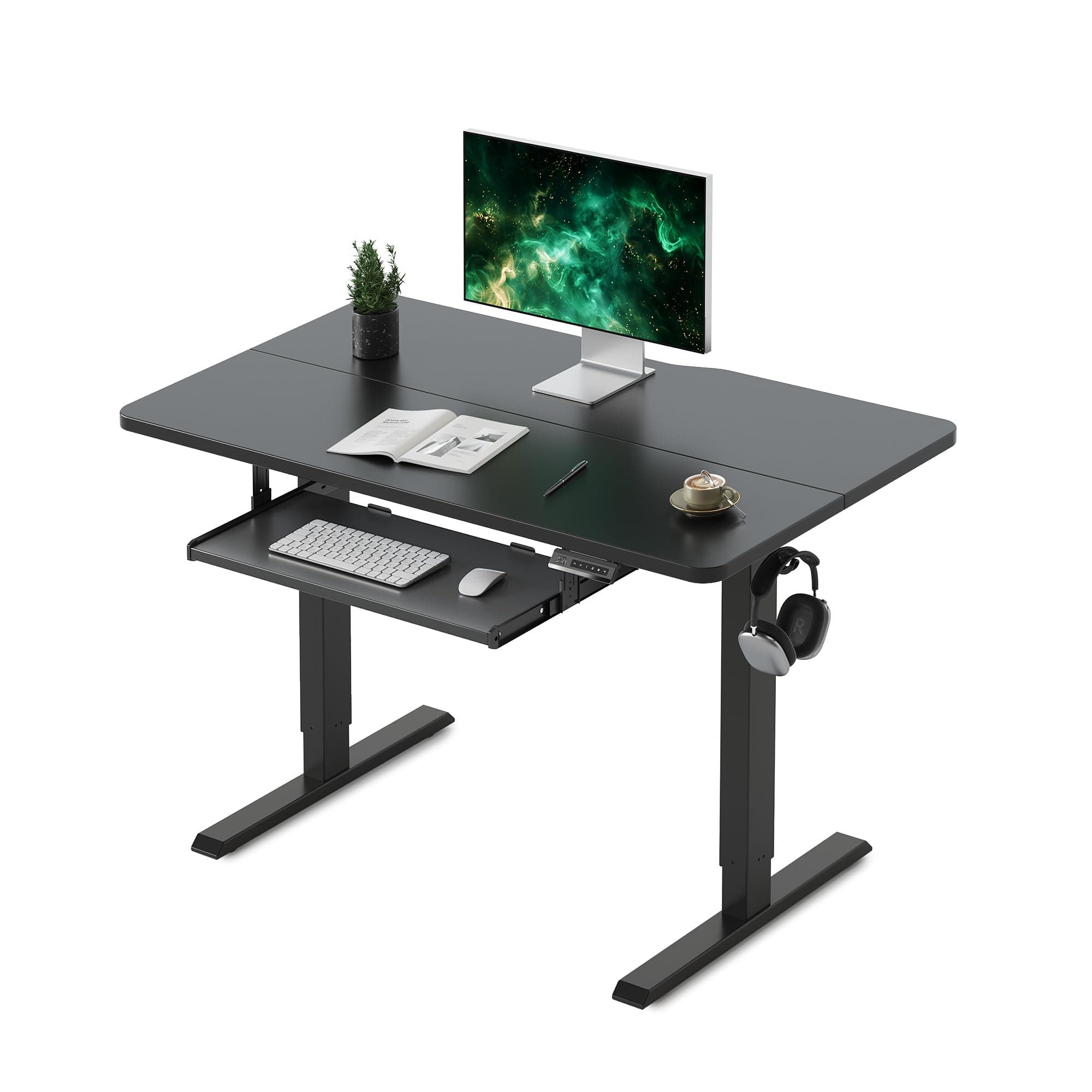 FEZIBO Height Adjustable Electric Standing Desk with Keyboard Tray, 100 x 60 cm Sit Stand up Desk with Splice Board, Black Frame/Black Top