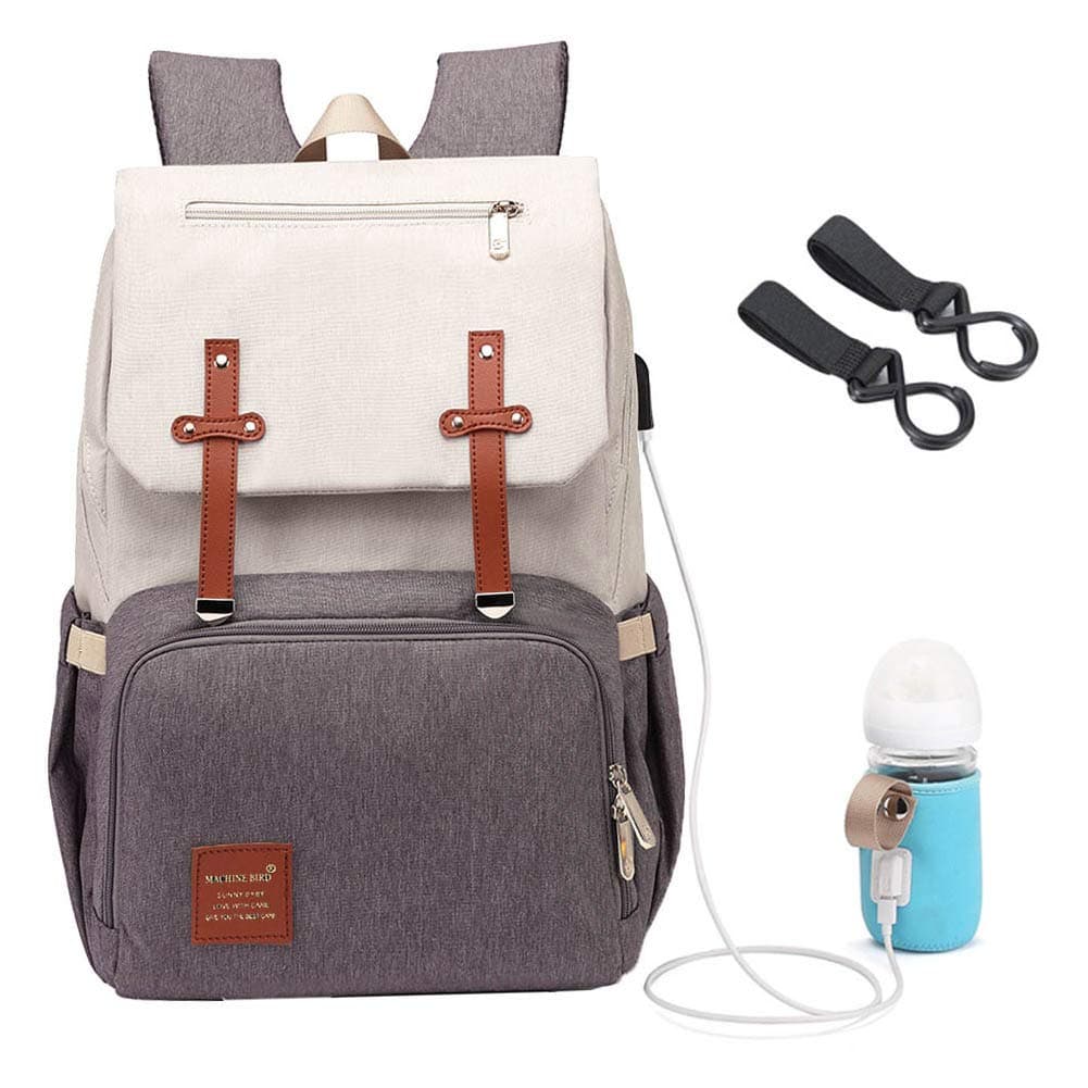 Mummy Diaper Bag Backpack Multi-Function Waterproof Travel Nappy Bags for Baby Care, Large Capacity, Stylish and Durable, USB Charging Port for Bottle Warmer, Beige-grey