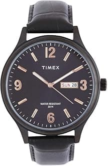 TIMEX Analog Watch for Man with Black Round Dial & Black Leather Strap Band Water Resistant Men's Wrist Watches - TWEG18403