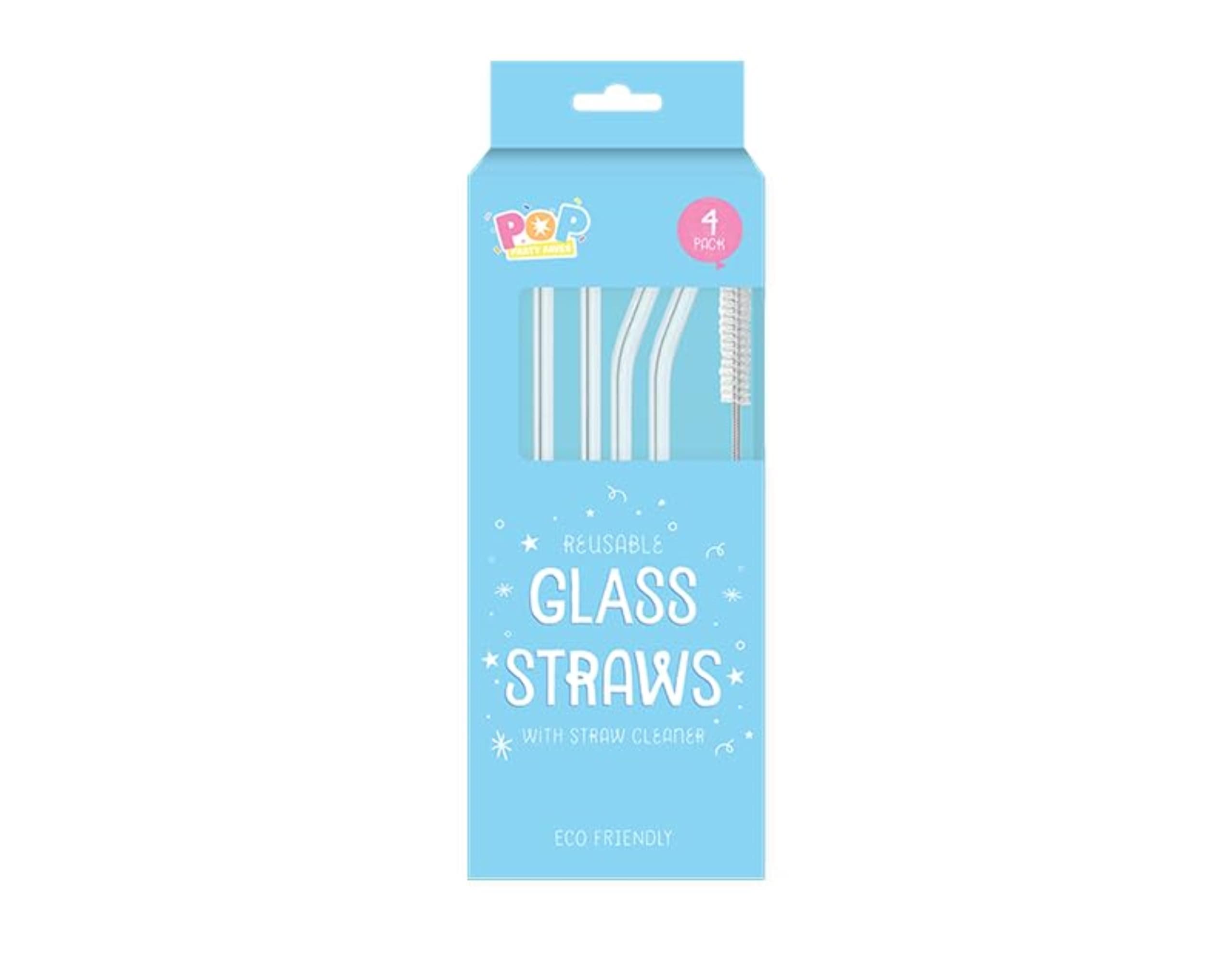 Eco Friendly 4 Reusable Glass Straws (2 Straight, 2 Bent) and Cleaning Brush