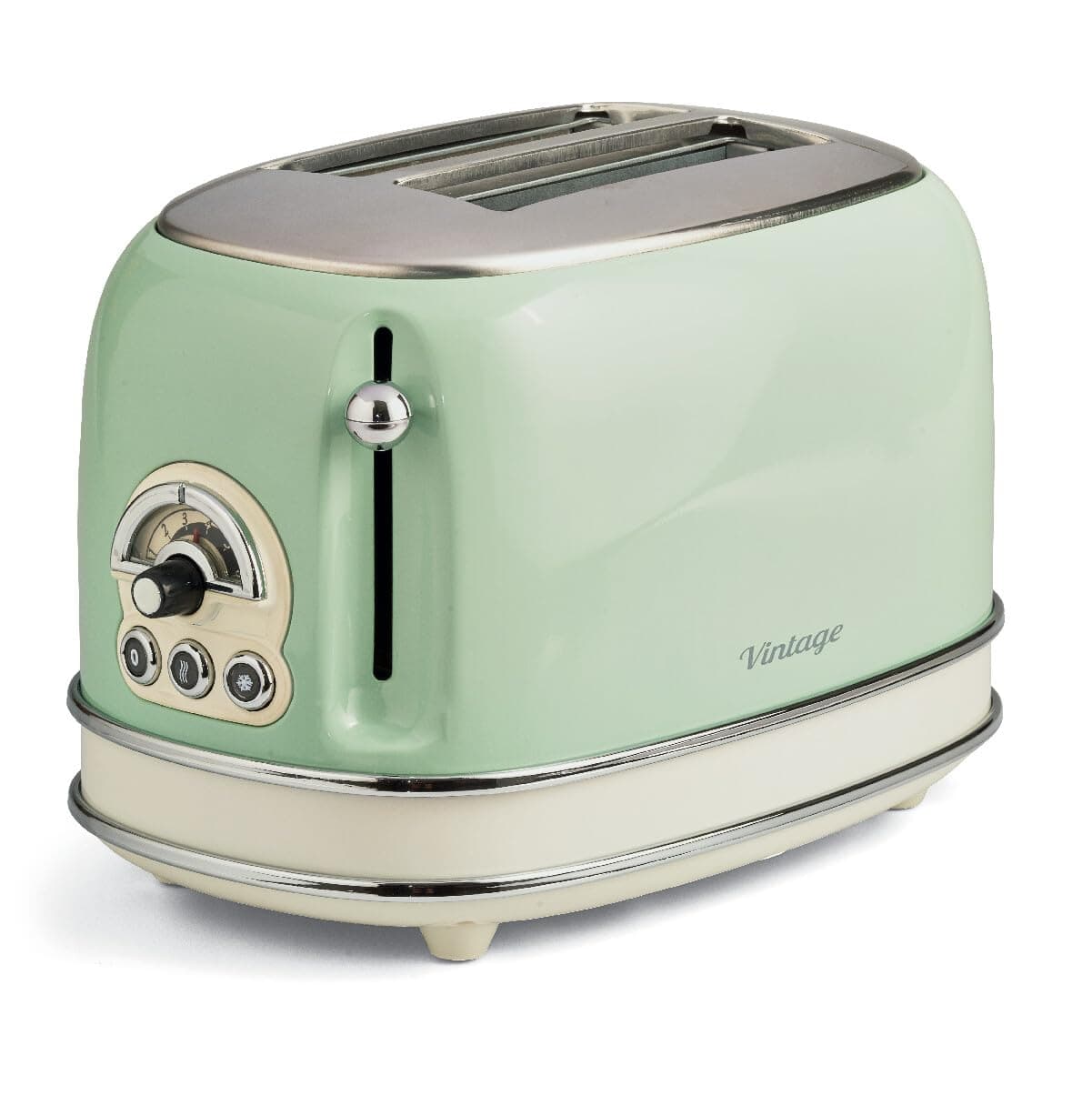 Ariete Vintage Toaster 2 Slice, 810W, 6 Browning Level, Cold Walls, Non-Slip Feet, Auto Ejection, with Defrost, Reheat, Cooking and Cancel Function, Removable Crumb Tray - Green ART155/14