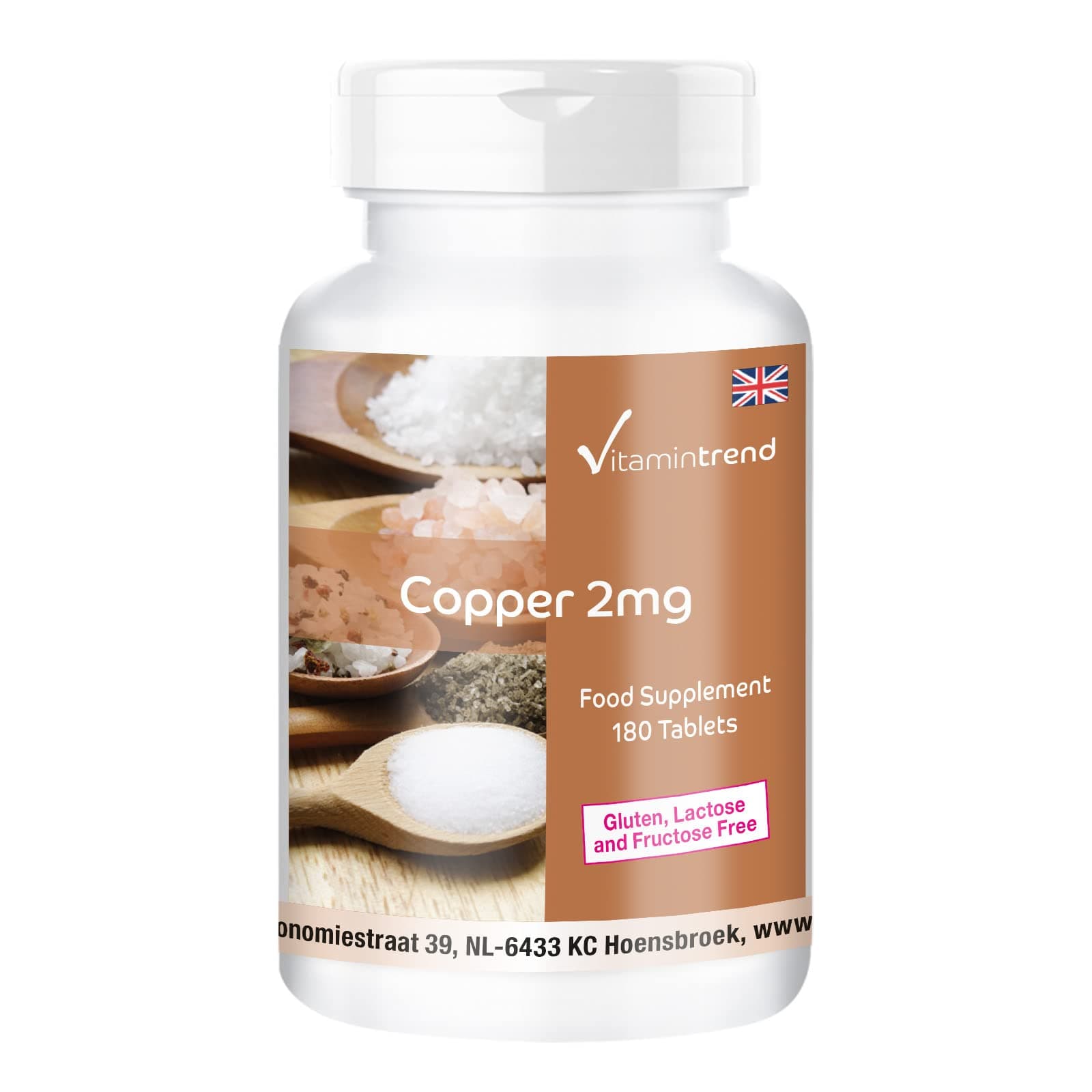 Copper Tablets 2mg - 180 Tablets - for 6 Months - Vegan - High Dose Copper Dietary Supplement | Vitamintrend®