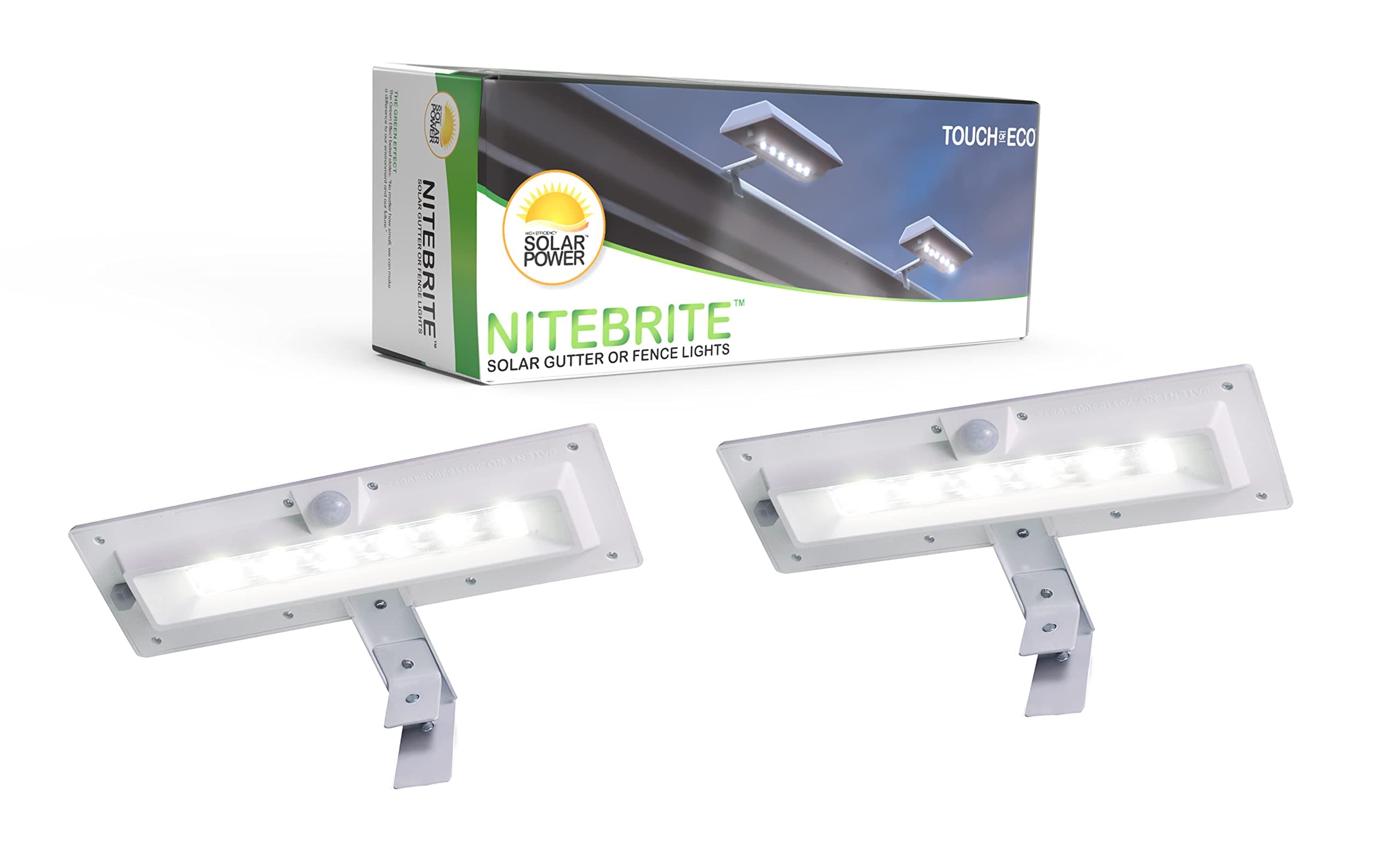 Touch Of ECO Nitebrite Solar LED Motion Detector Sensor Utility Security Outdoor Accent Lights -Automatic On/Off Weather Resistant Mount to Gutter or Fence 2 Pack