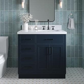ARIEL Bathroom Vanity 37" Midnight Blue, 1.5" Edge Pure White Quartz Countertop & Splash, Rectangular Sink, 2 Soft Closing Doors, 5 Full Extension Dovetail Drawers, Toe Kick, Matte Black
