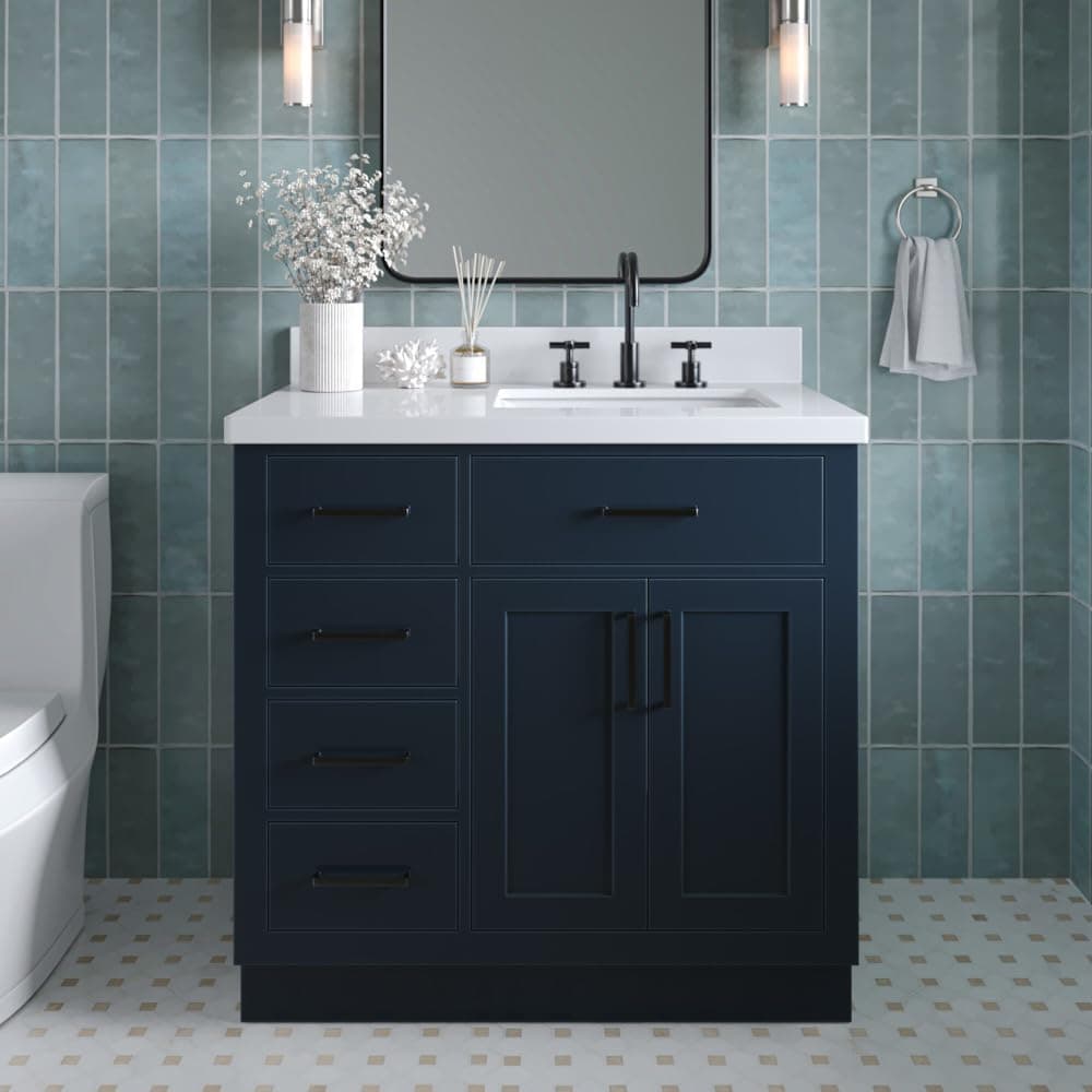ARIEL Bathroom Vanity 37" Midnight Blue, 1.5" Edge Pure White Quartz Countertop & Splash, Rectangular Sink, 2 Soft Closing Doors, 5 Full Extension Dovetail Drawers, Toe Kick, Matte Black