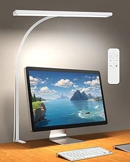 Desk Lamp with Remote, Adjustable Brightness, Eye-Caring LED Light, Rotatable Head, USB with Adapter, Space-Saving Design for Office, Study, Reading, Work, and Home Desktop Illumination - White