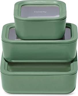 Caraway3pc Glass Food Storage Set – 10 Cup, 6.6 Cup, & 4.4 Cup Food Containers - Ceramic Coated - Non Toxic Non Stick Lunch Box with Glass Lids - Dishwasher, Oven, & Microwave Safe - Sage