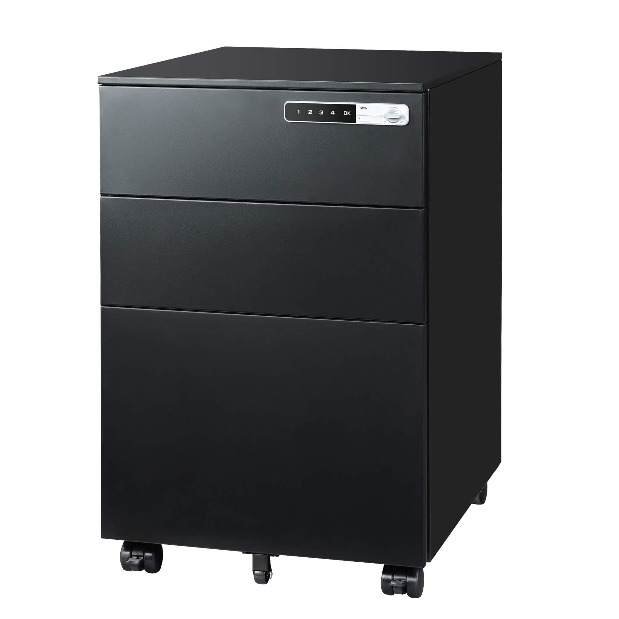 3 Drawer File Cabinet with Combination Lock, Fully Assembled Metal Filling Cabinet Except Wheels, Mobile Under Desk File Cabinets for Home Office, Black