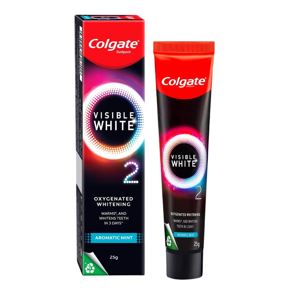 Colgate Visible White O2, Teeth Whitening Toothpaste (25g) for noticeably whiter teeth starting in 3 days with Active Technology, Enamel Safe Teeth Whitening & Fresh Breath