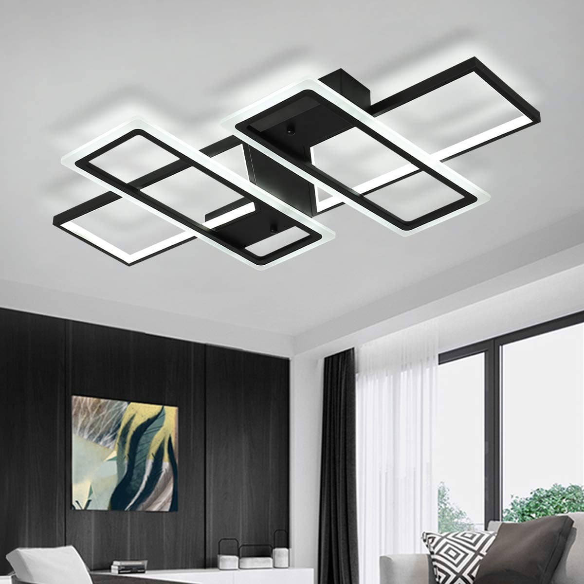 Jaycomey 95W Modern Flush Mount Ceiling Light, 4-Squares Black Metal Acrylic LED Ceiling Lamp Fixture with Cool White 6000K for Living Room Bedroom Kitchen