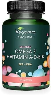 Vegan Omega 3 + ADEK Vitamins | NO Additives | 60 Capsules | Algae Oil DHA & EPA | Lab-Tested