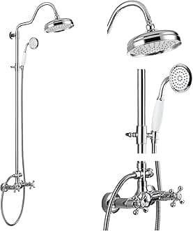 Wall Mounted Exposure Shower Faucet System Set Polish Chrome 8 Rain Shower Handspray with 2 Double Buttons Handle Dual Function Shower Fixture Combo System Unit Set