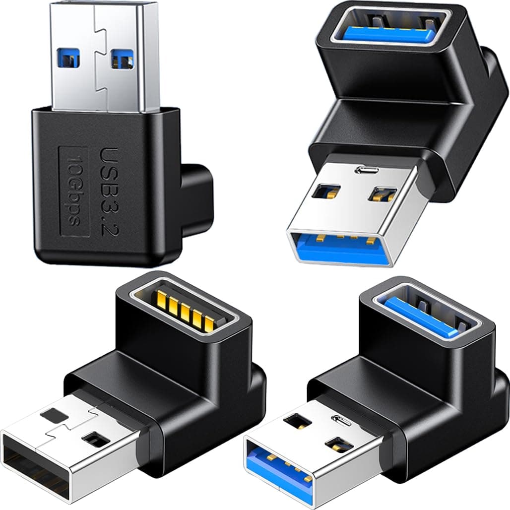 4 Pack 10Gbps USB 3.1 Male to Female Adapter Right Angle Up and Down Angle 90 Degree USB 3.0 A Connector Support 3A Fast Charging for Computer, PC, Desktop, Laptop, USB Hub, USB Charger