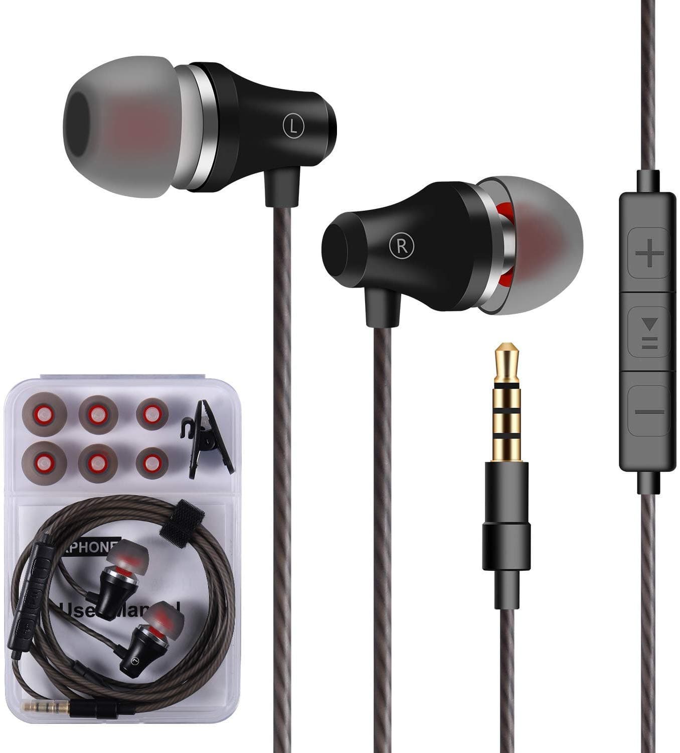 Earbuds with Microphone, in-Ear Headphones and Volume Control, Built-in Mic Earphones for Phone Tablet Laptop 3.5mm Audio Plug Devices Black