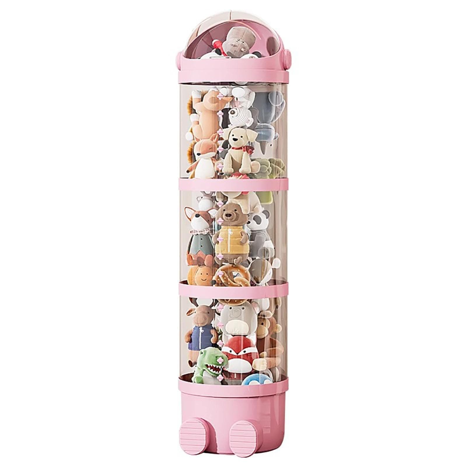 Vertical Transparent Figures Display Storage Tube, Plush Storage Organize with LED String Light, Doll Storage Tube with 360° Rotation Wheels with Lid for Room, Living Room, Bedroom, 51.2in (Pink)
