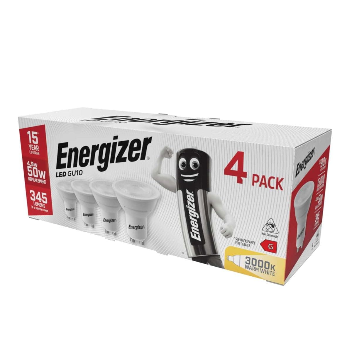 Energizer GU10 4.9W 50W Replacement LED Bulb 4 Pack (Warm White Non Dimmable)