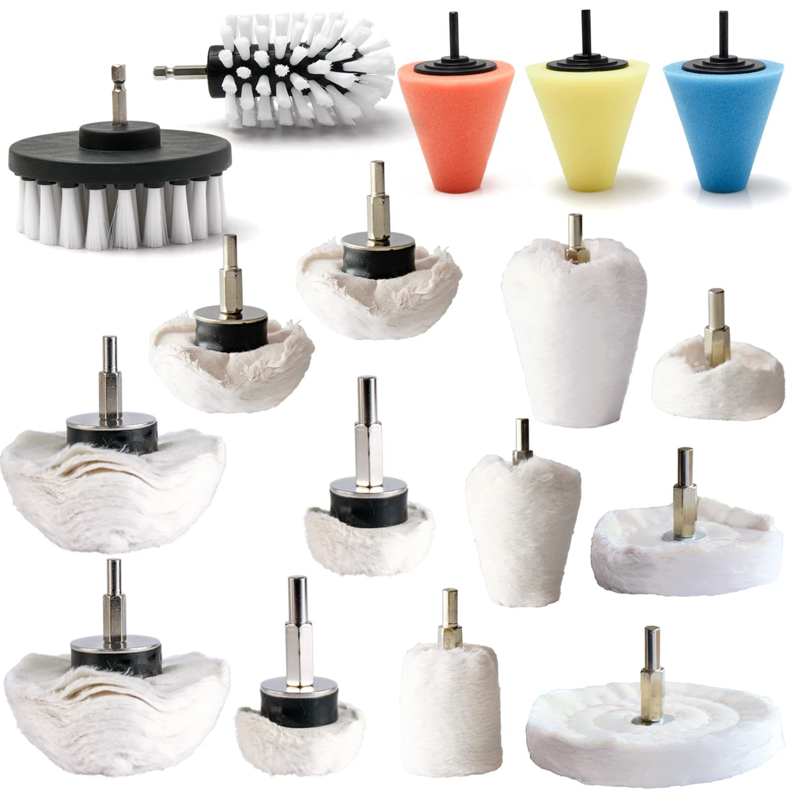Polishing Pad Buffing Wheel Kit 17 Pack, for Drill for Metal Aluminum Stainless Steel Chrome Wood Plastic Ceramic Glass Woods Fabric Cotton Machine Jewelry etc