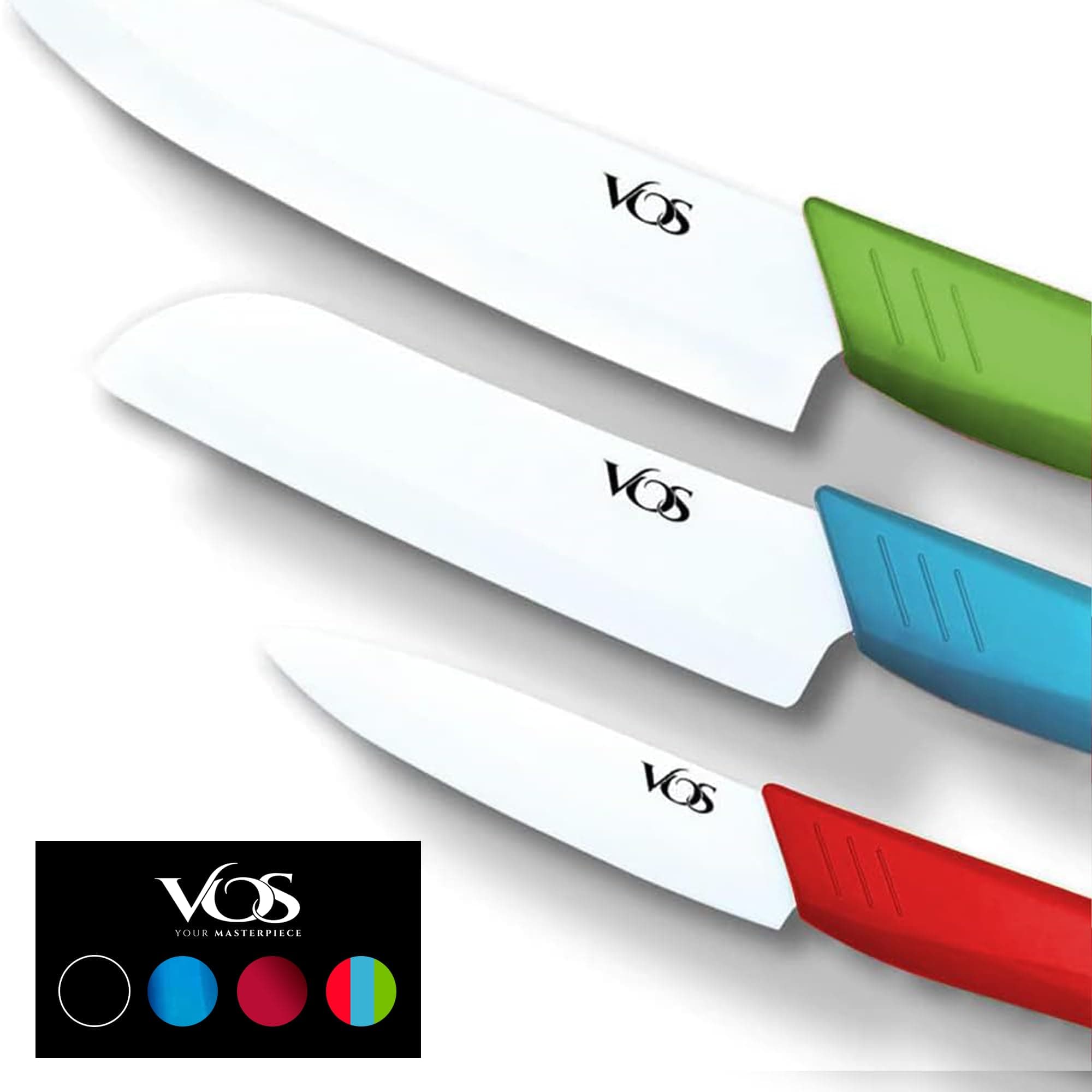 Vos Ceramic Knife Set in Elegant Gift Box, Ceramic Knives Set For Kitchen, Ultra Sharp Kitchen Knife Set with Covers, 4" 5" 6" Paring, Santoku & Chef Knife, Lightweight, Dishwasher safe (Multi-Color)