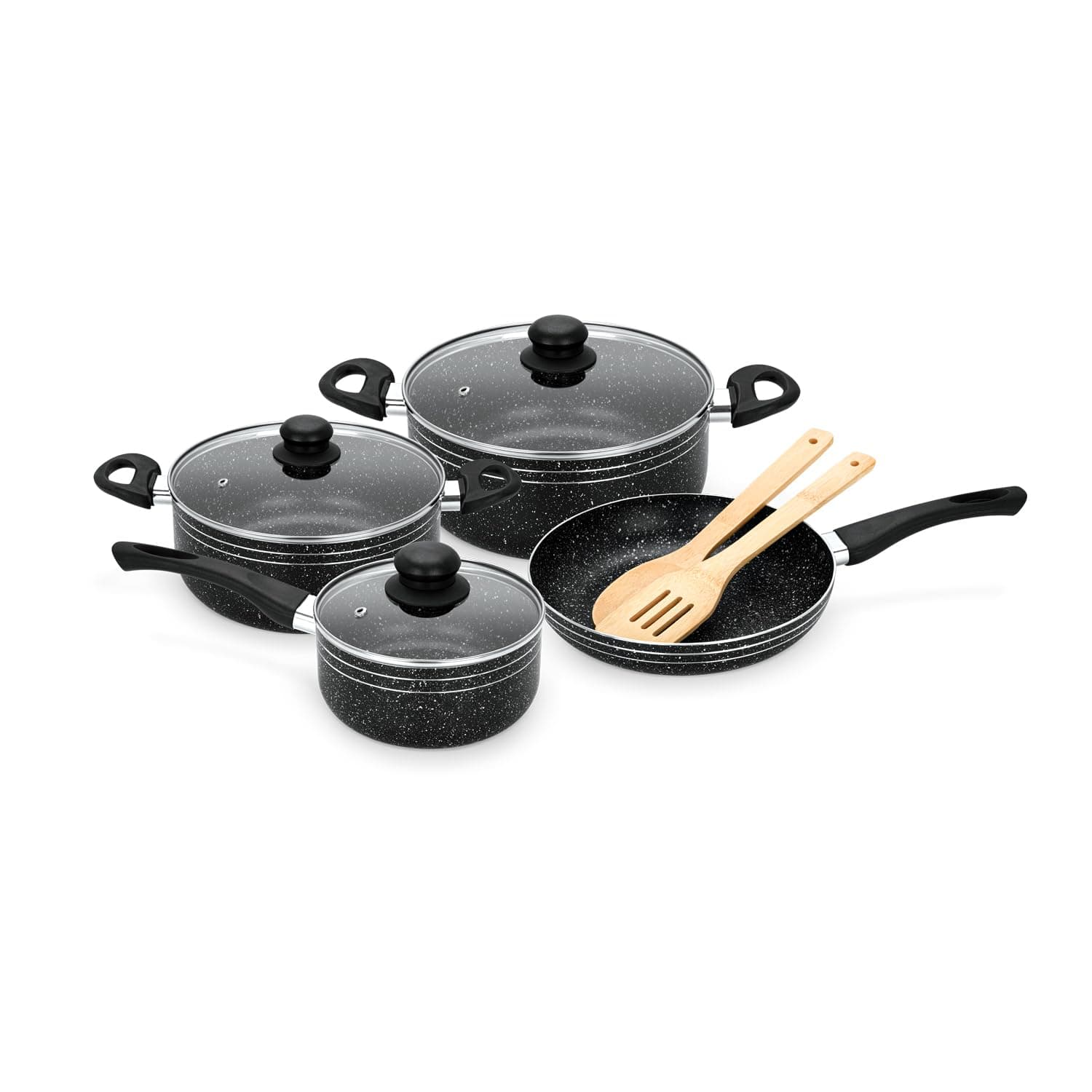 9pcs Ritz Plus Cookware Set RF12514 Marble Coated and Press Aluminum Body, with Dot Induction Base, Bakelite Handles and Lid Casseroles, Saucepan, Bamboo Kitchen Tools and Fry Pan