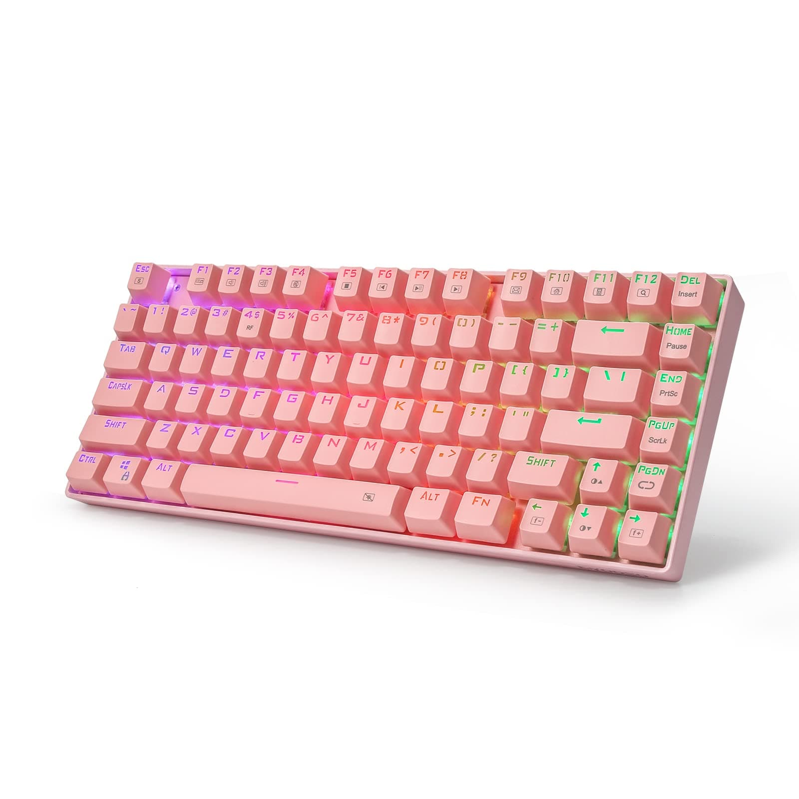 HUO JIWireless Mechanical Keyboard, 2.4Ghz/USB Wired Dual Modes Z-88 Gaming Keyboard with Clicky Blue Switches RGB LED Backlit 81 Keys Compact for Mac, PC, Pink