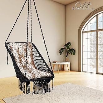 Patiofy Swing/Jhula for Balcony/Swing for Adults/Swing Chair for Home Premium Rectangle Swing Chair with Golden Floral L Cushion & Free Hanging Kit Included-Black, Polyester, 66D x 91W x 152H Cm