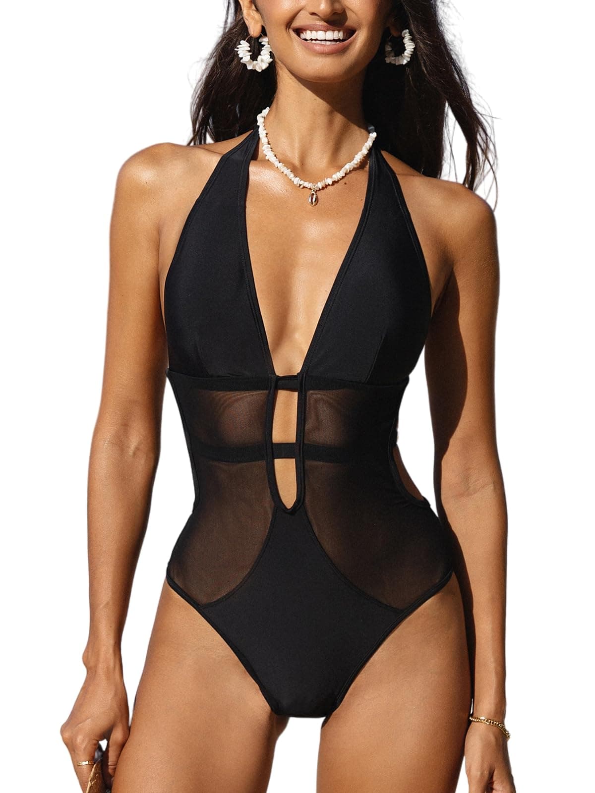 Women's One Piece Swimsuit Bathing Suit Deep V Neck Halter Back Tie Mesh Swimwear