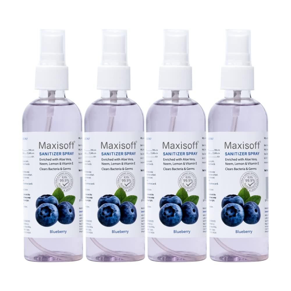 Maxisoft Hand Sanitizer Spray 120 ml | With Aloe Vera, Lemon, Neem, Vitamin E & Glycerine | Paraben Free | Gentle on skin, tough on germs (Blueberry, (Pack of 4 X 120 ml))