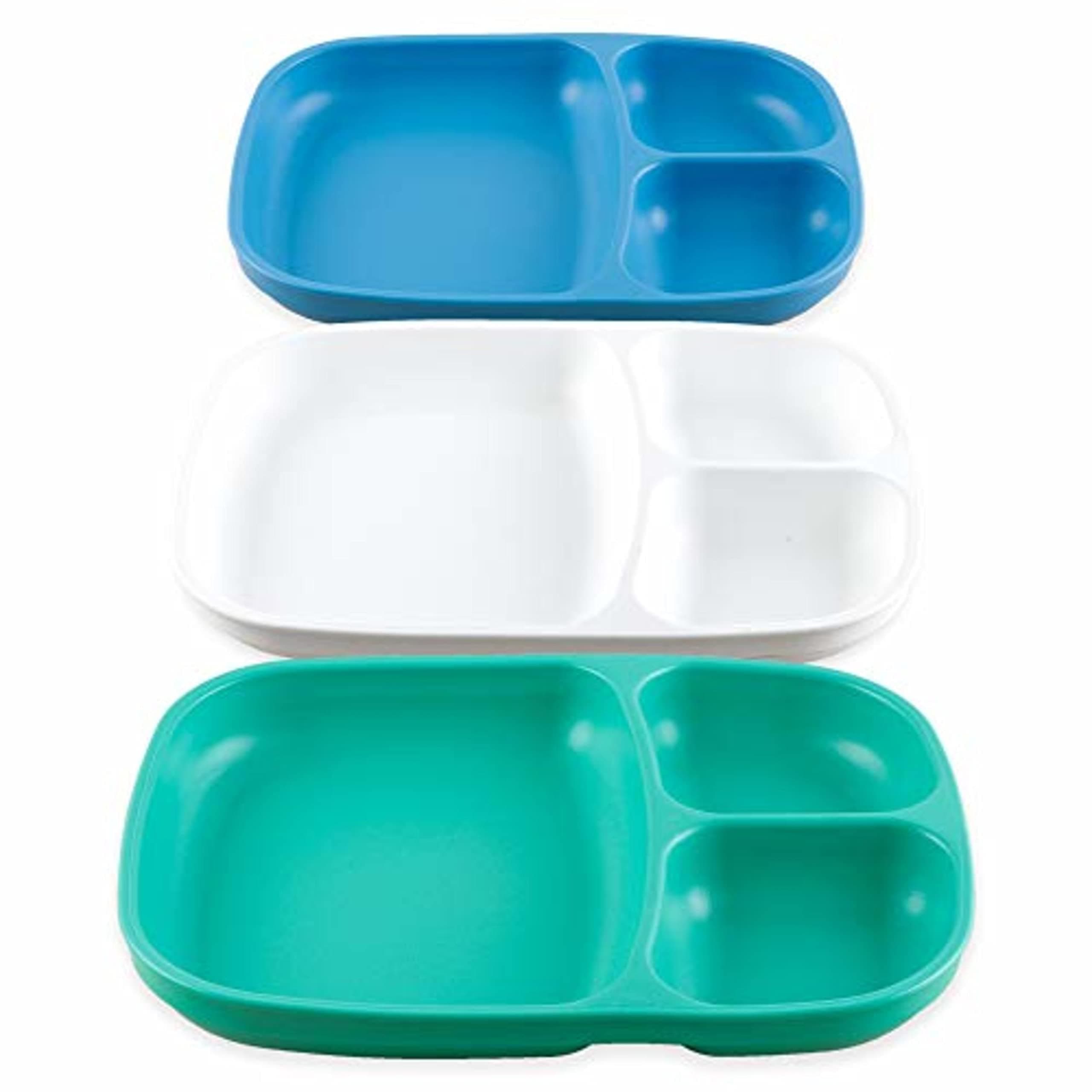 Re-Play Made in USA Large, Deep Walled Divided Plates for Kids, Set of 3 - Reusable 3 Compartment Plates, Dishwasher and Microwave Safe - 9" x 7.5" x 1.25" Divided Trays, Cool Breeze